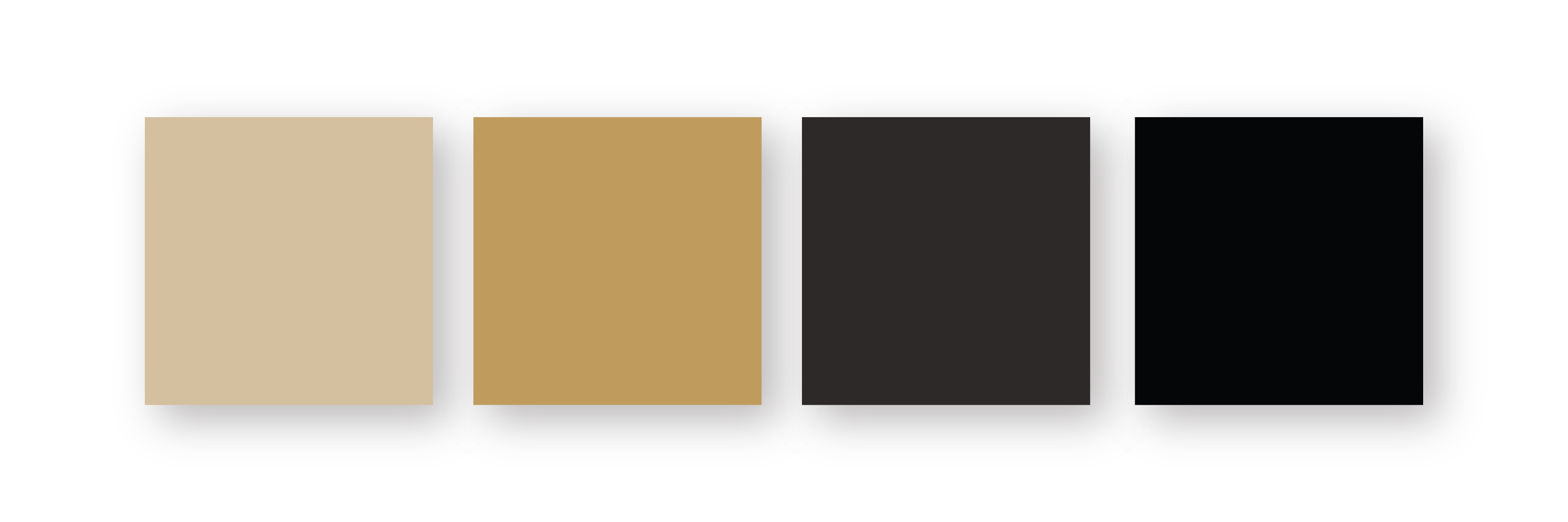 Farger som er brukt i den visuelle identiteten til Hytteveggbilder, bruk av gull, mørk grå og svart.
