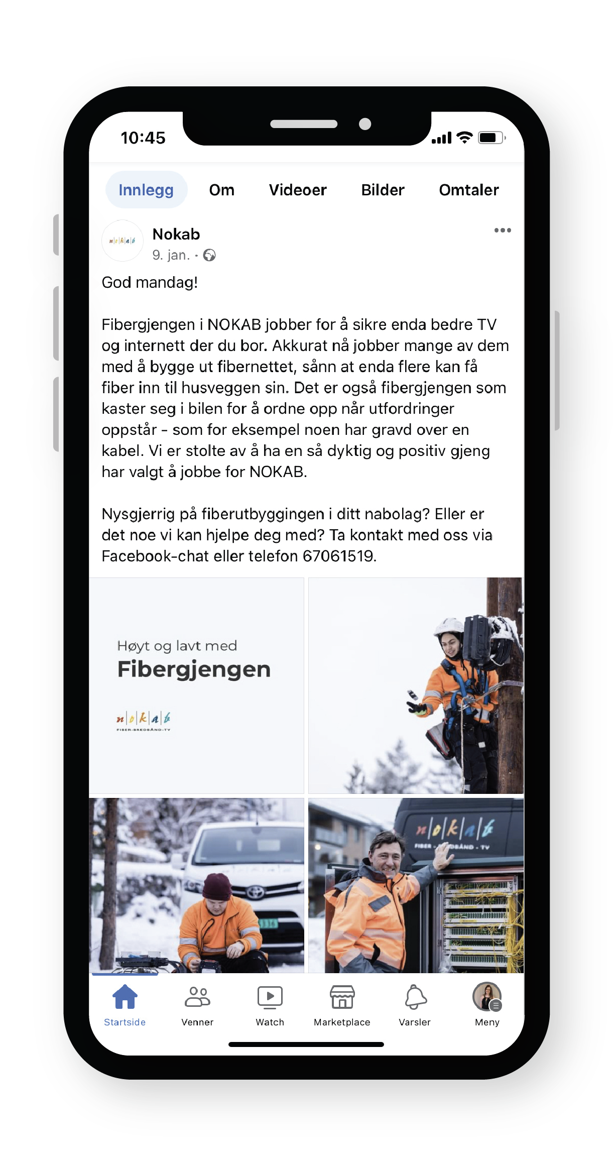 Illustrasjon av et Facebook innlegg på en mobil, som viser innlegget "På jobb med Fibergjengen i Nokab".