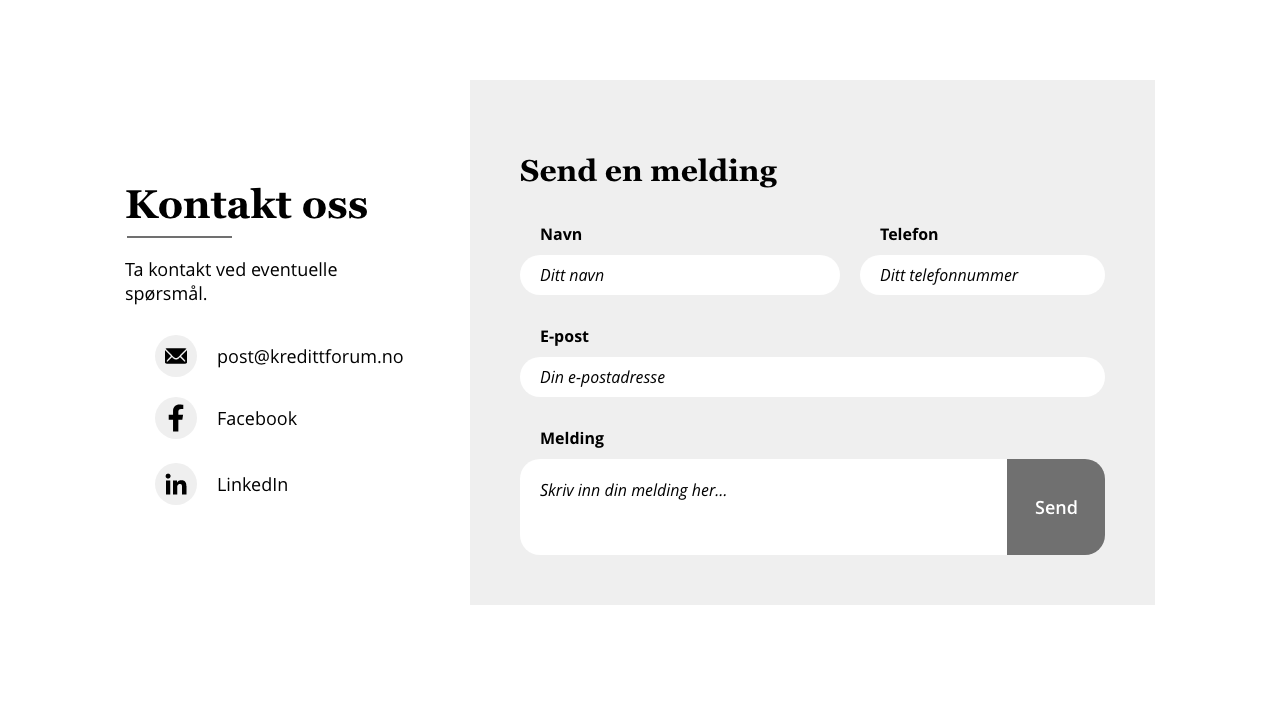 Skisser fra nettsiden til Norsk Kredittforum, visning av kontaktinformasjon og kontaktskjema.