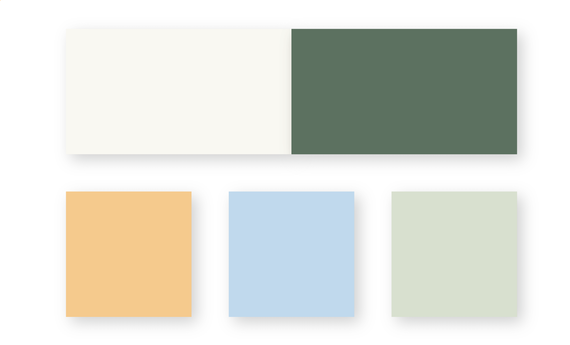 Farger som er benyttet i den grafiske profilen til Fra Nittedal, bruk av lys beige, mørk grønn, oransje, lys blå og lys grønn.